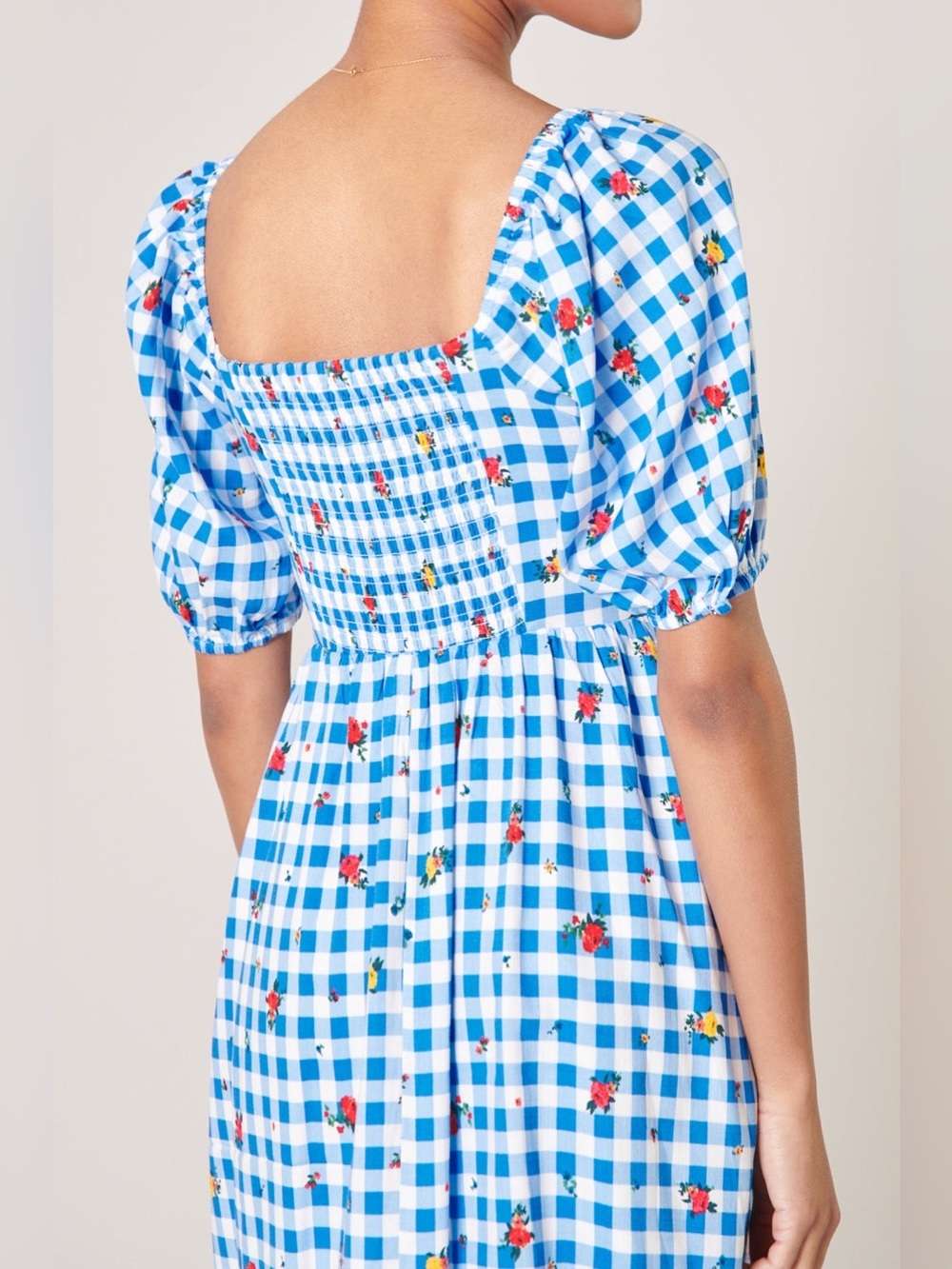NEW SugarLips Dorothy Rose Gingham Puff Sleeve Mini Dress Blue Floral XS NWT - Picture 2 of 8